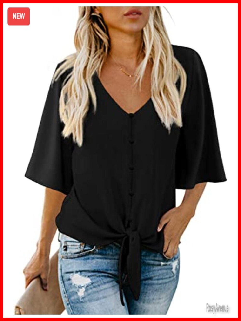 Women's Chiffon V-Neck Batwing Sleeve Tie Front Blouse
